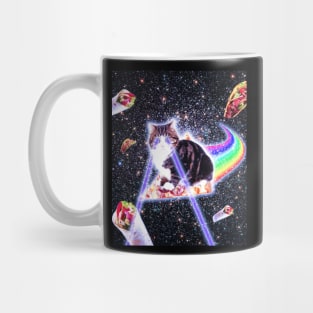 Laser Eyes Space Cat Riding Rainbow Pizza Mug